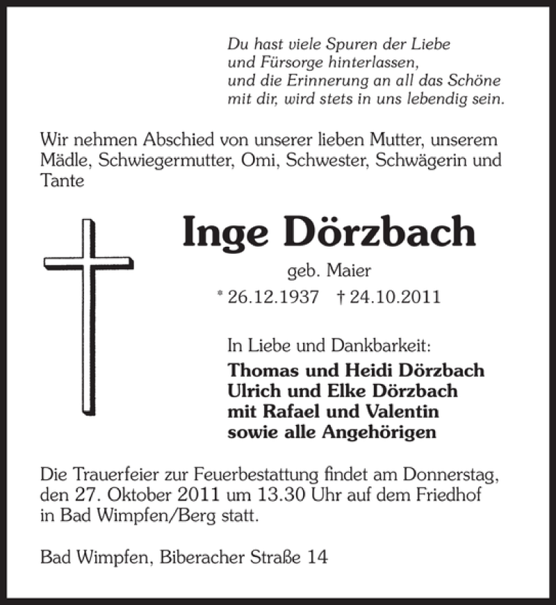  Traueranzeige für Inge Dörzbach vom 26.10.2011 aus 