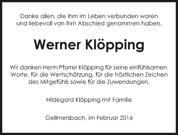 Traueranzeige von Werner Klöpping 