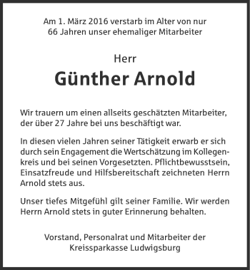 Traueranzeige von Günther Arnold 