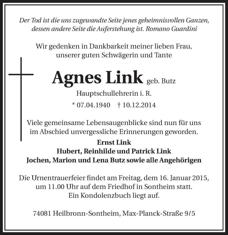 Traueranzeige für Agnes Link vom 03.01.2015 aus 