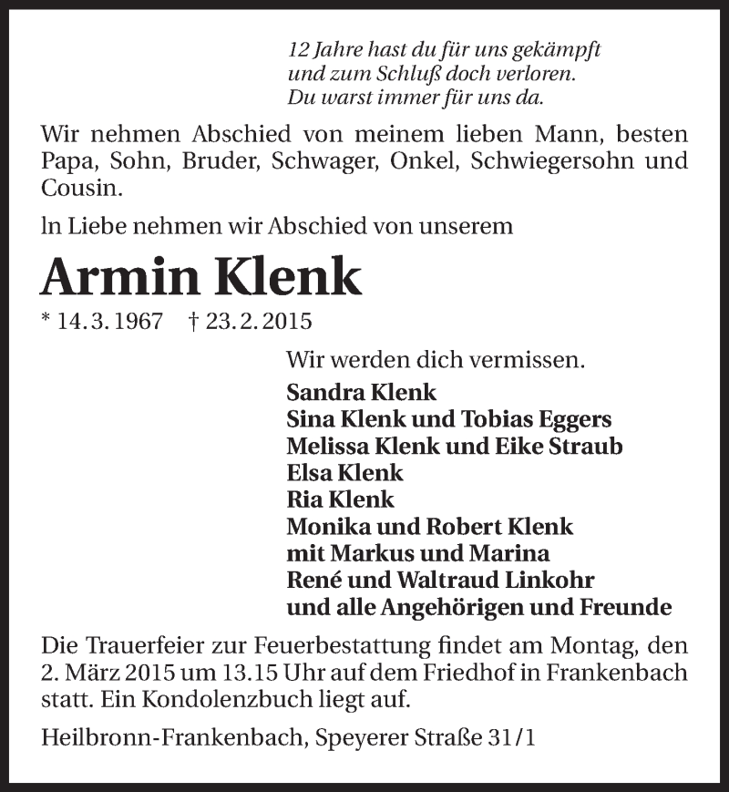  Traueranzeige für Armin Klenk vom 27.02.2015 aus 