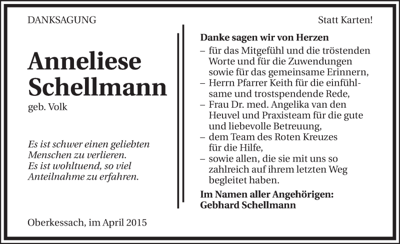  Traueranzeige für Anneliese Schellmann vom 29.04.2015 aus 