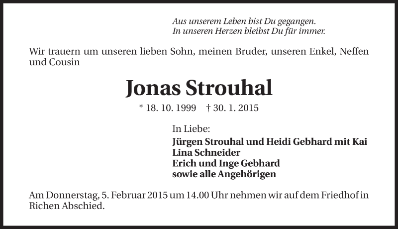  Traueranzeige für Jonas Strouhal vom 04.02.2015 aus 