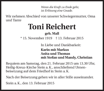 Traueranzeige von Toni Reichert 
