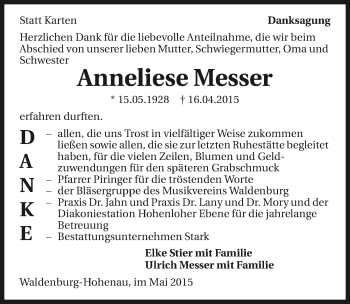 Traueranzeige von Anneliese Messer 