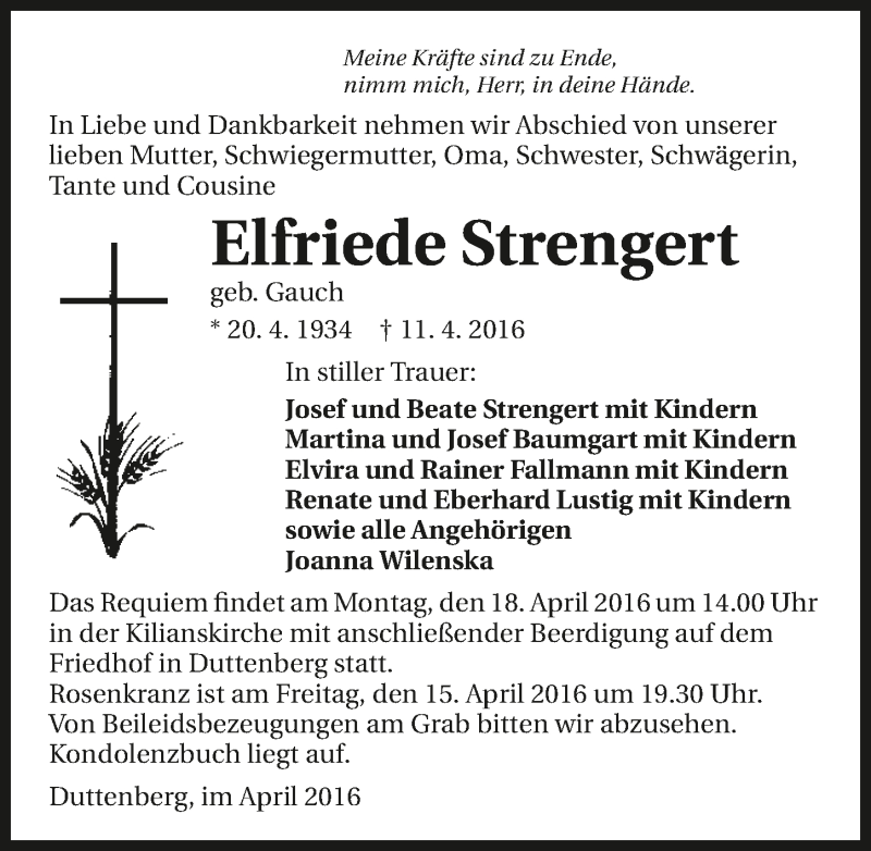  Traueranzeige für Elfriede Strengert vom 14.04.2016 aus 