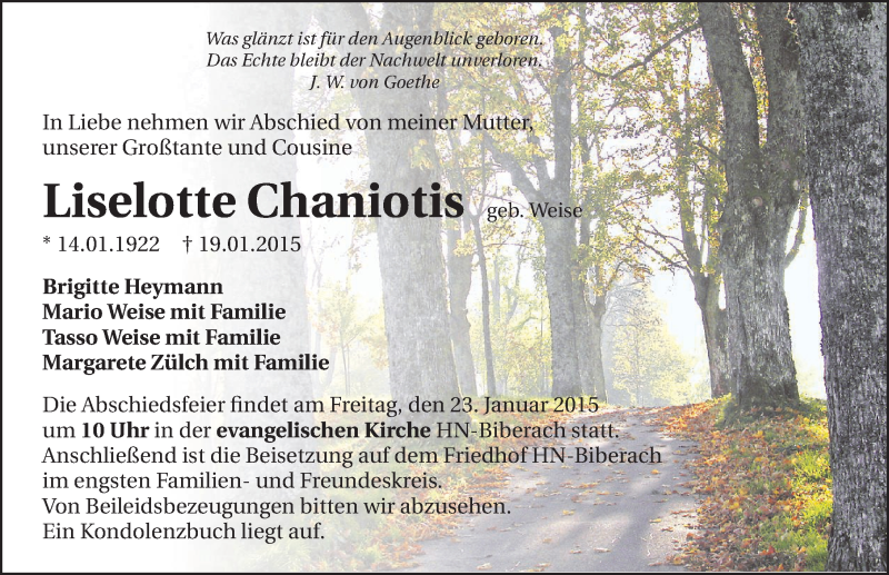  Traueranzeige für Liselotte Chaniotis vom 21.01.2015 aus 