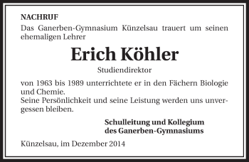 Traueranzeige von Erich Köhler 