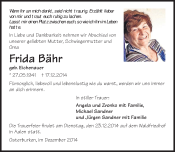 Traueranzeige von Frida Bähr 