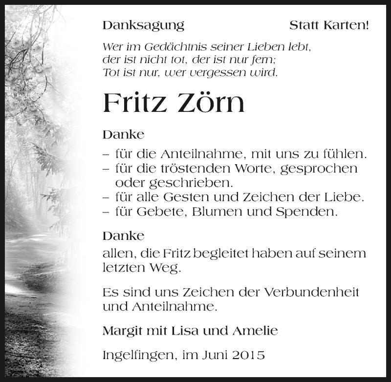  Traueranzeige für Fritz Zörn vom 27.06.2015 aus 