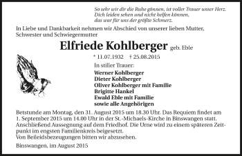 Traueranzeige von Elfriede Kohlberger 