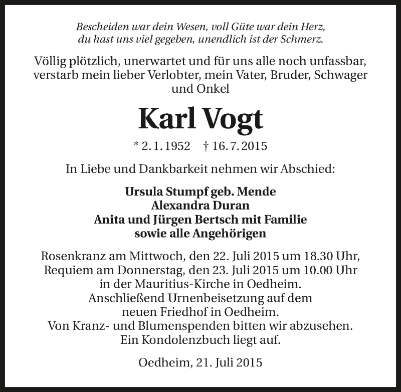  Traueranzeige für Karl Vogt vom 21.07.2015 aus 
