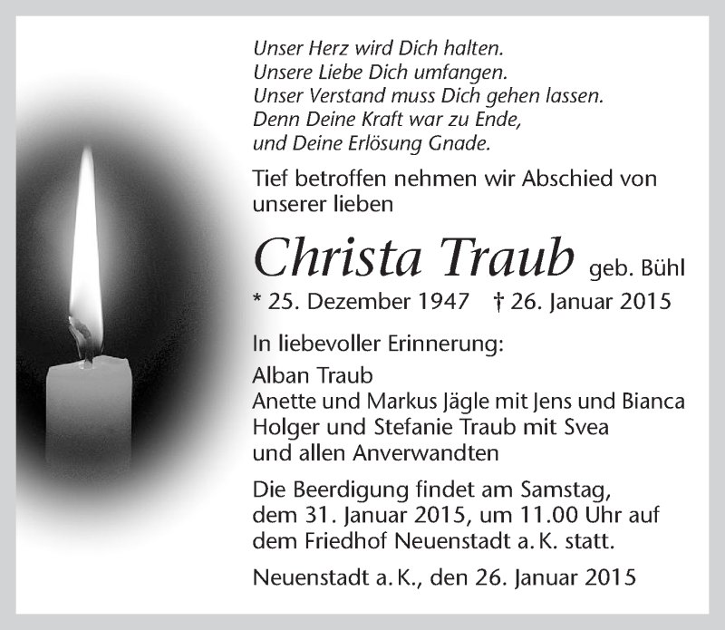  Traueranzeige für Christa Traub vom 29.01.2015 aus 
