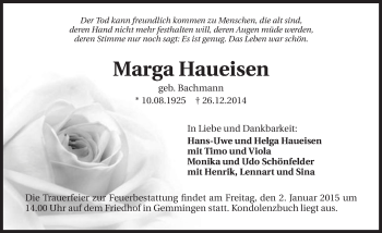 Traueranzeige von Marga Haueisen 