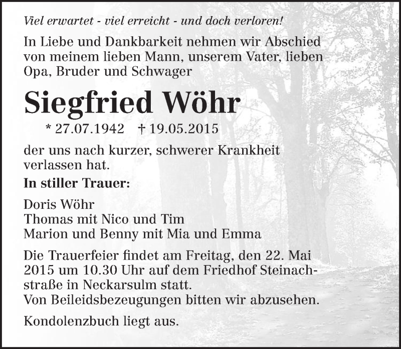  Traueranzeige für Siegfried Wöhr vom 20.05.2015 aus 