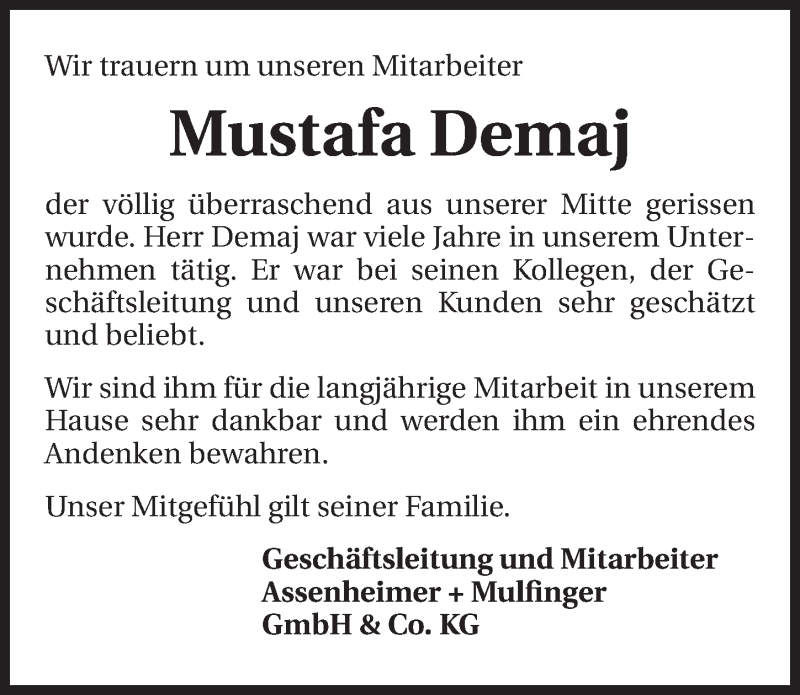  Traueranzeige für Mustafa Demaj vom 26.05.2015 aus 