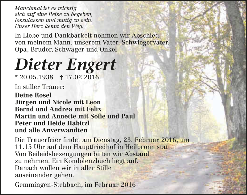  Traueranzeige für Dieter Engert vom 20.02.2016 aus 