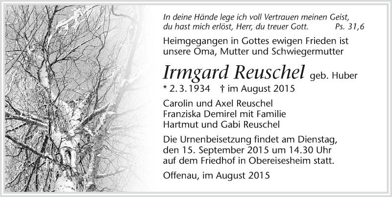  Traueranzeige für Irmgard Reuschel vom 29.08.2015 aus 