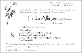 Traueranzeige von Frieda Allinger 