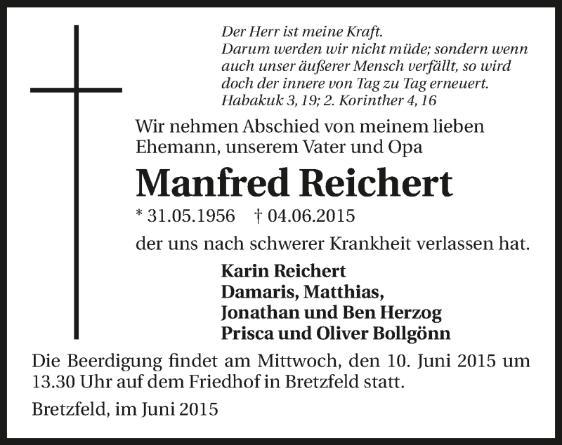  Traueranzeige für Manfred Reichert vom 08.06.2015 aus 