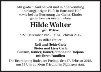 Traueranzeige von Hilde Walter 