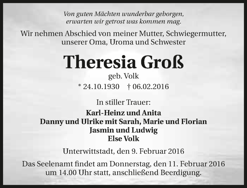  Traueranzeige für Theresia Groß vom 09.02.2016 aus 