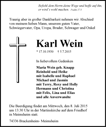 Traueranzeige von Karl Wein 