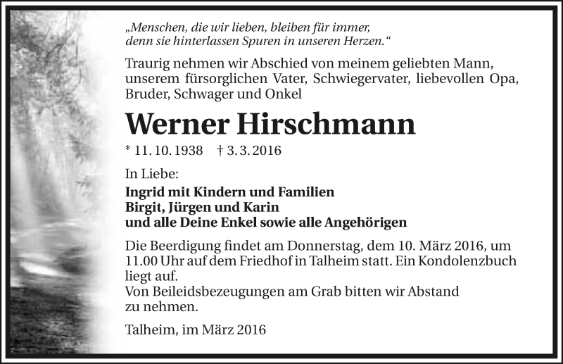  Traueranzeige für Werner Hirschmann vom 05.03.2016 aus 