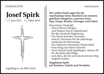 Traueranzeige von Josef Spirk 