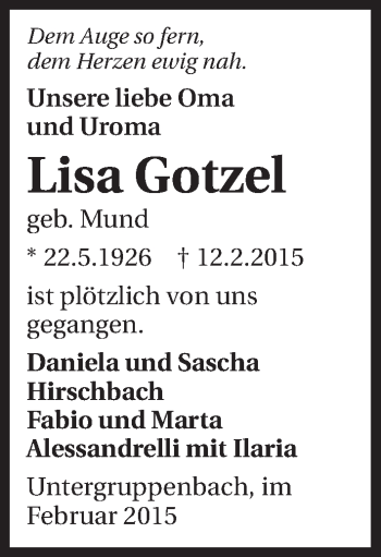 Traueranzeige von Lisa Gotzel 