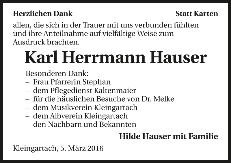  Traueranzeige für Karl Herrmann Hauser vom 05.03.2016 aus 
