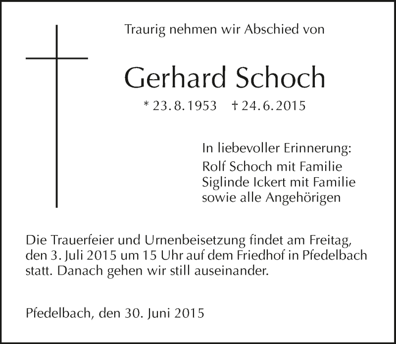 Traueranzeige für Gerhard Schoch vom 30.06.2015 aus 