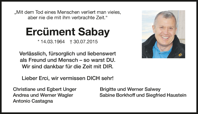  Traueranzeige für Ercüment Sabay vom 05.08.2015 aus 