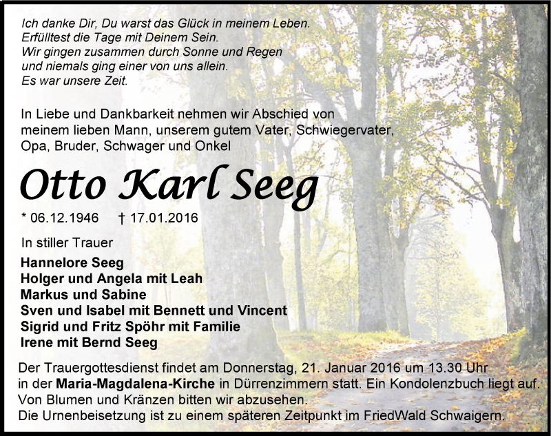  Traueranzeige für Otto Karl Seeg vom 19.01.2016 aus 