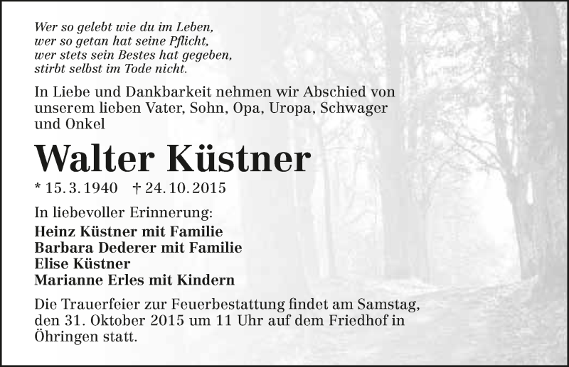  Traueranzeige für Walter Küstner vom 28.10.2015 aus 