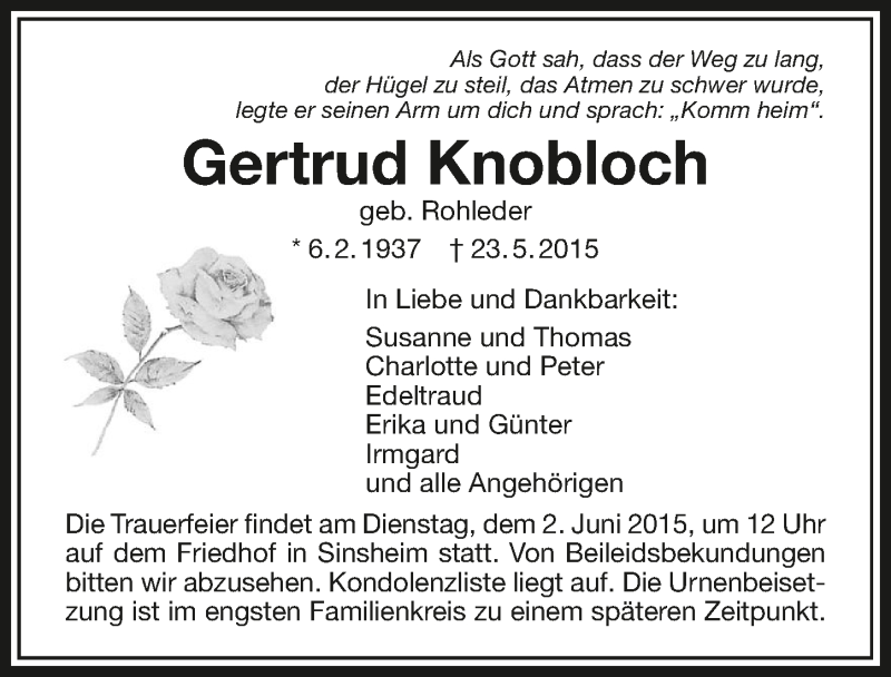 Traueranzeige für Gertrud Knobloch vom 28.05.2015 aus 