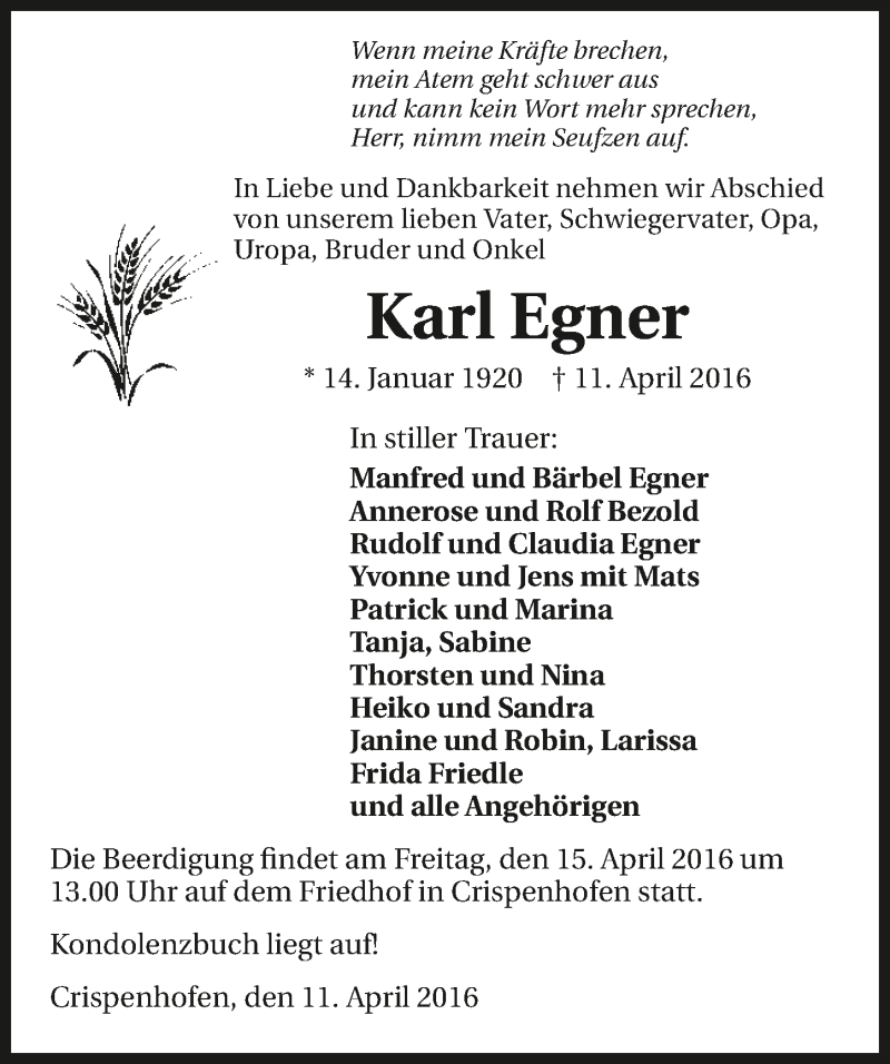  Traueranzeige für Karl Egner vom 13.04.2016 aus 