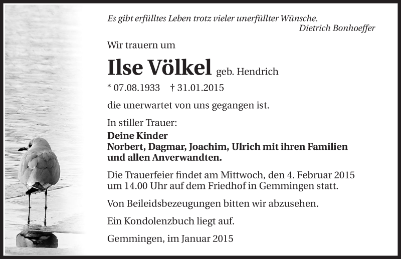  Traueranzeige für Ilse Völkel vom 02.02.2015 aus 