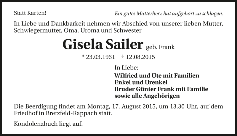  Traueranzeige für Gisela Sailer vom 15.08.2015 aus 
