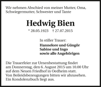Traueranzeige von Hedwig Bien 