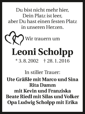 Traueranzeige von Leoni Scholpp 