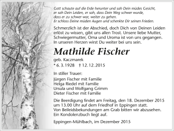 Traueranzeige von Mathilde Fischer 