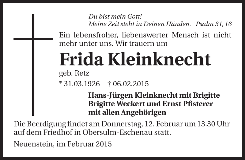  Traueranzeige für Frida Kleinknecht vom 10.02.2015 aus 