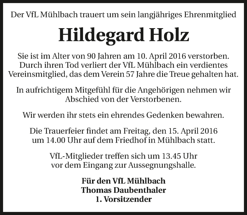  Traueranzeige für Hildegard Holz vom 14.04.2016 aus 