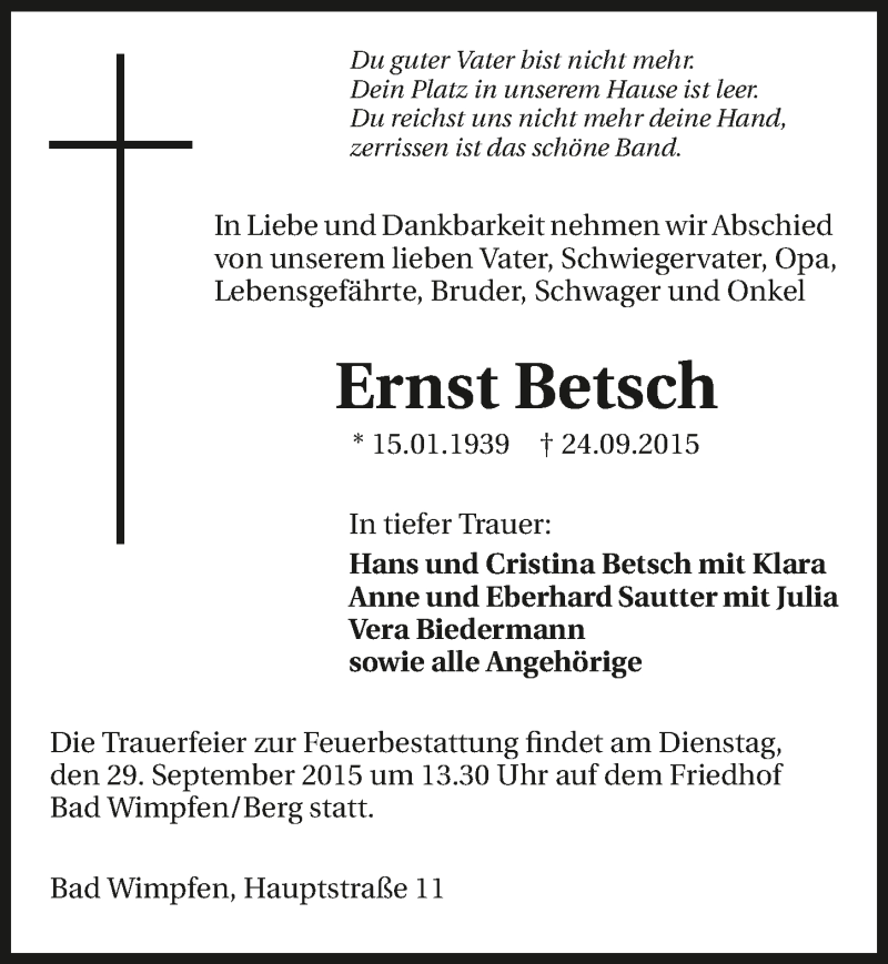  Traueranzeige für Ernst Betsch vom 26.09.2015 aus 
