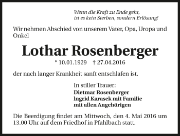 Traueranzeige von Lothar Rosenberger 