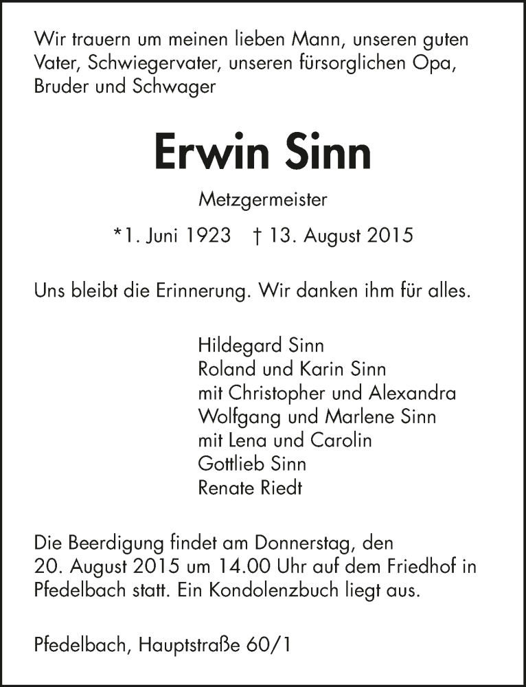  Traueranzeige für Erwin Sinn vom 17.08.2015 aus 