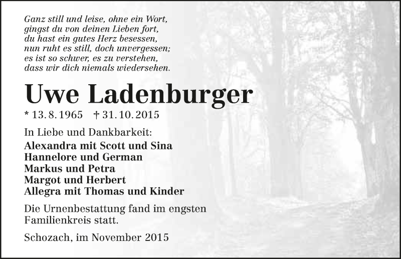 Traueranzeige für Uwe Ladenburger vom 11.11.2015 aus 