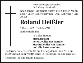 Traueranzeige von Roland Deißler 