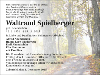 Traueranzeige von Waltraud Spielberger 